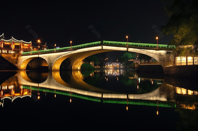 黑色水乡桥下灯光孔桥夜景远景拍摄,高清,摄影图,摄影图片,图片大全,摄影图免费下载
